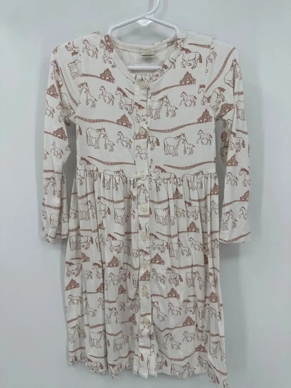 KATE QUINN Bamboo Horse Family Barn Print Long Sleeve Dress Size 3T